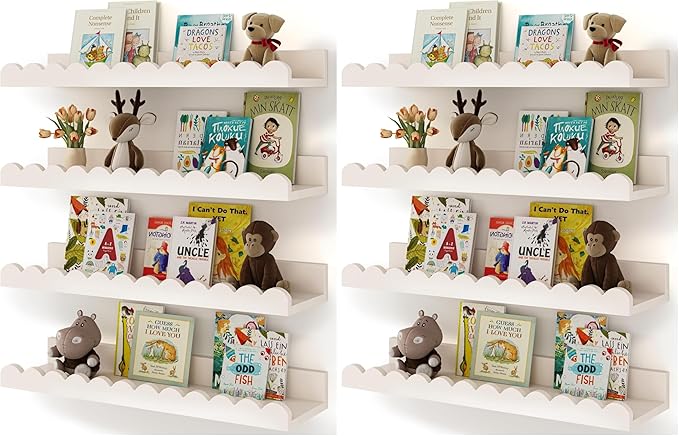 Shario Nursery Book Shelves, 8-Pack White Floating Shelves for Wall Kids, Scalloped Shelves, Wall Book Shelves for Bedroom Kids, Toddler Room, Baby Room, Nursery Decor