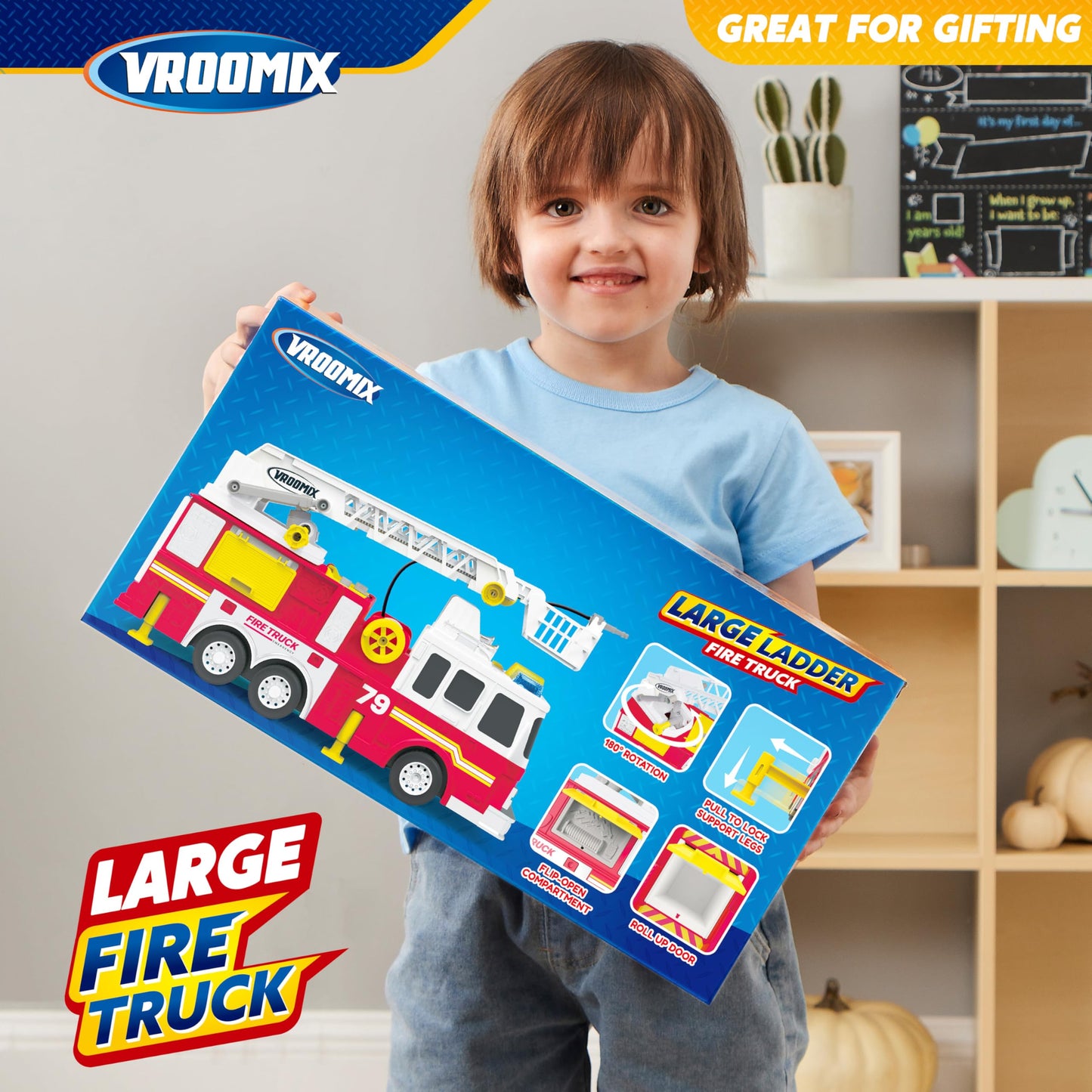 JOYIN Extra Large Toddler Fire Truck Toys for Boys with 33-inch Ladder, Lights & Sprinkler Pump, Big Emergency Vehicle, Kids Toys for Age 3, 4, 5, 6, 7, Christmas Birthday Gift for Grandkids