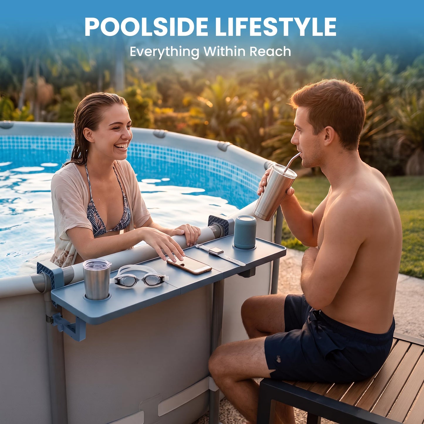 Pooljoyo Poolside Bar For Above Ground Pool, Outdoor Pool Bar Table for Above-Ground Round Pool,40.5in Length Adjustable Poolside Table Pool Shelf with Pool Drink Holder, Above Ground Pool Accessories