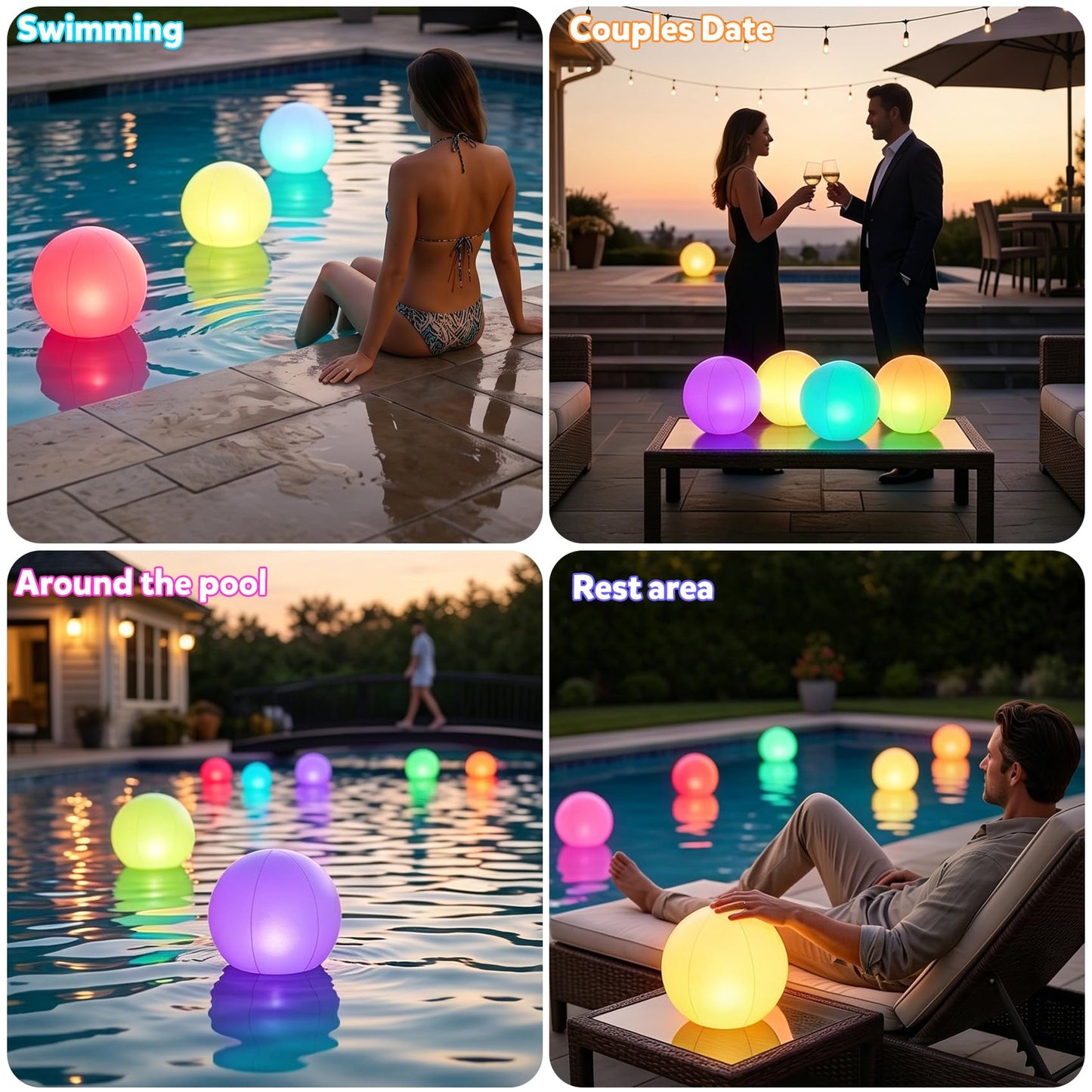 Ynipanda Floating Pool Light Ball, 12" Light Up Beach Ball, 4Pcs Waterproof LED Glow Balls with 8 Light Modes, Glow in The Dark Pool & Beach Decorations for Kids and Adults