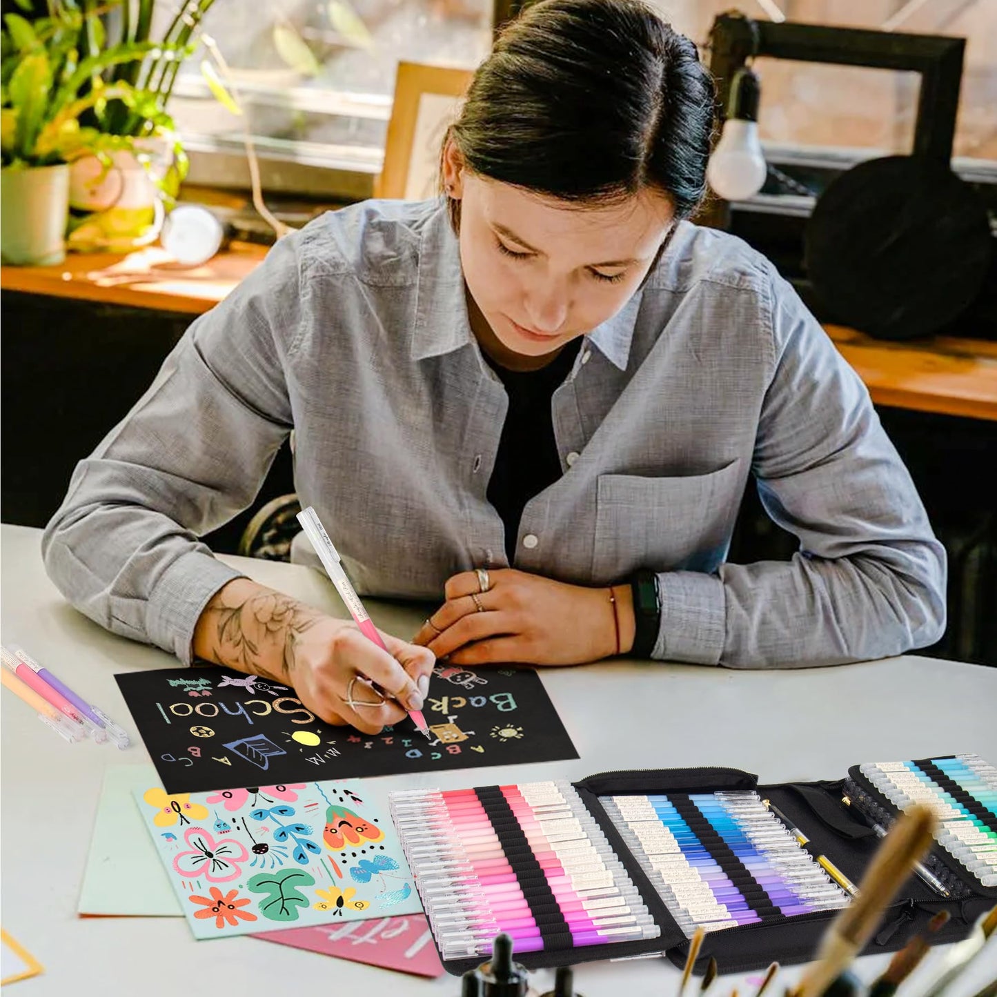 ZSCM 100 Colors 3D Acrylic Gel Pens & Black Paper Sketchbook for Drawing, 1mm Fine Point Acrylic Ink Pen, Opaque Archival Ink Pens for Black Paper Drawing, Sketching, Illustration, Card Making