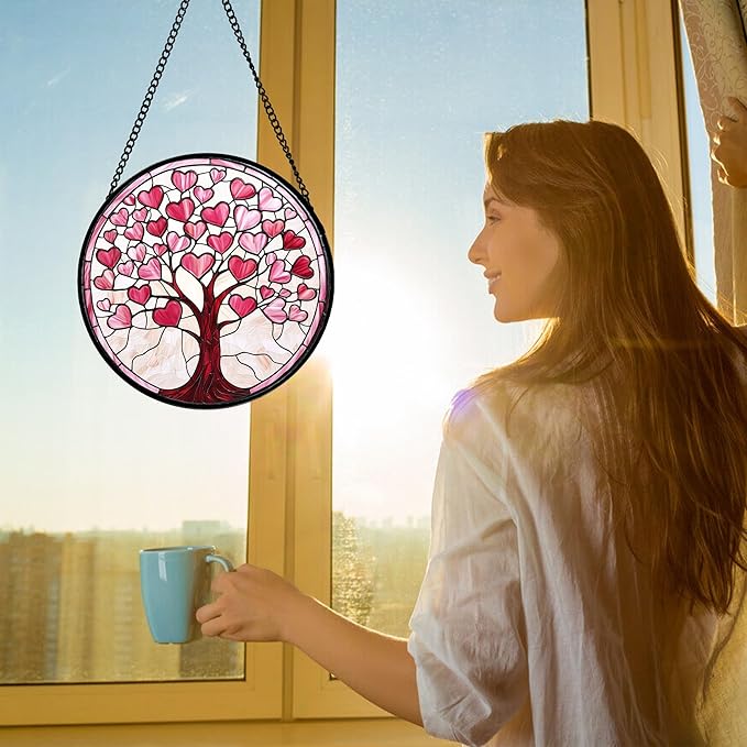 DASTOLL Stained Glass Window Hanging, Pink Love Heart Tree Suncatcher Hangings Beige Sun Catchers Decor for Birthday Holiday for Women, Men, Wife, Aunt, Mom 9.8IN
