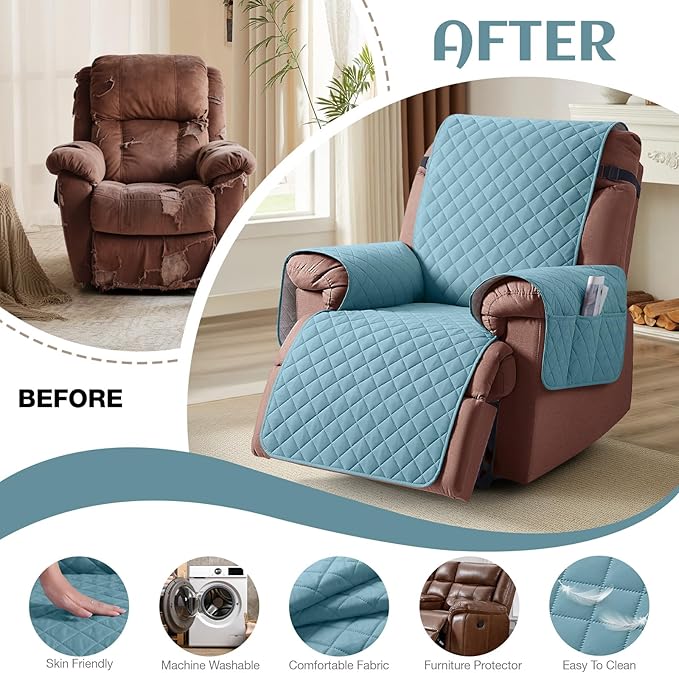 KinCam 100% Waterproof Recliner Chair Cover, Reclining Couch Covers for Pets, Dogs, Recliner Couch Slipcover Furniture Protector with Elastic Straps for Kids(25", Light Blue)