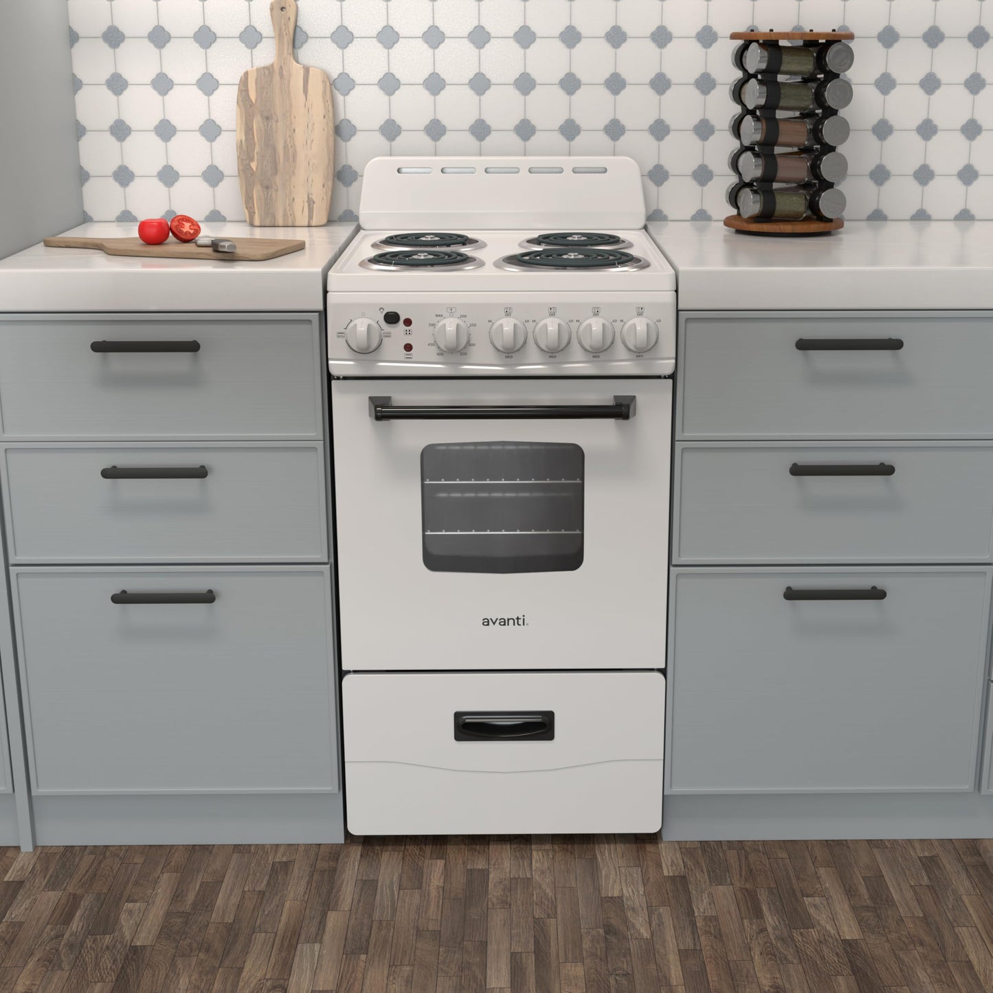 Avanti Electric Range Oven Compact Design, 2.1-Cu.Ft. Capacity with 4 Coil Burners, Framed Glass Oven Door, Storage Drawer and Broiler with Pan, 20-Inch, White