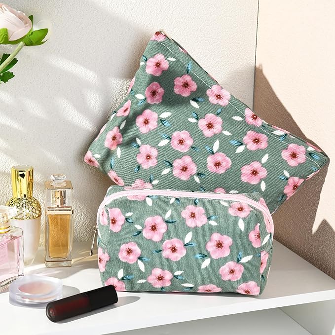 SOIDRAM 2 Pieces Sakura Makeup Bag Large Cosmetic Bag Capacity Canvas Mix Travel Toiletry Bag Organizer Cute Makeup Brushes Aesthetic Accessories Storage Bag for Women, Sakura Mix Green