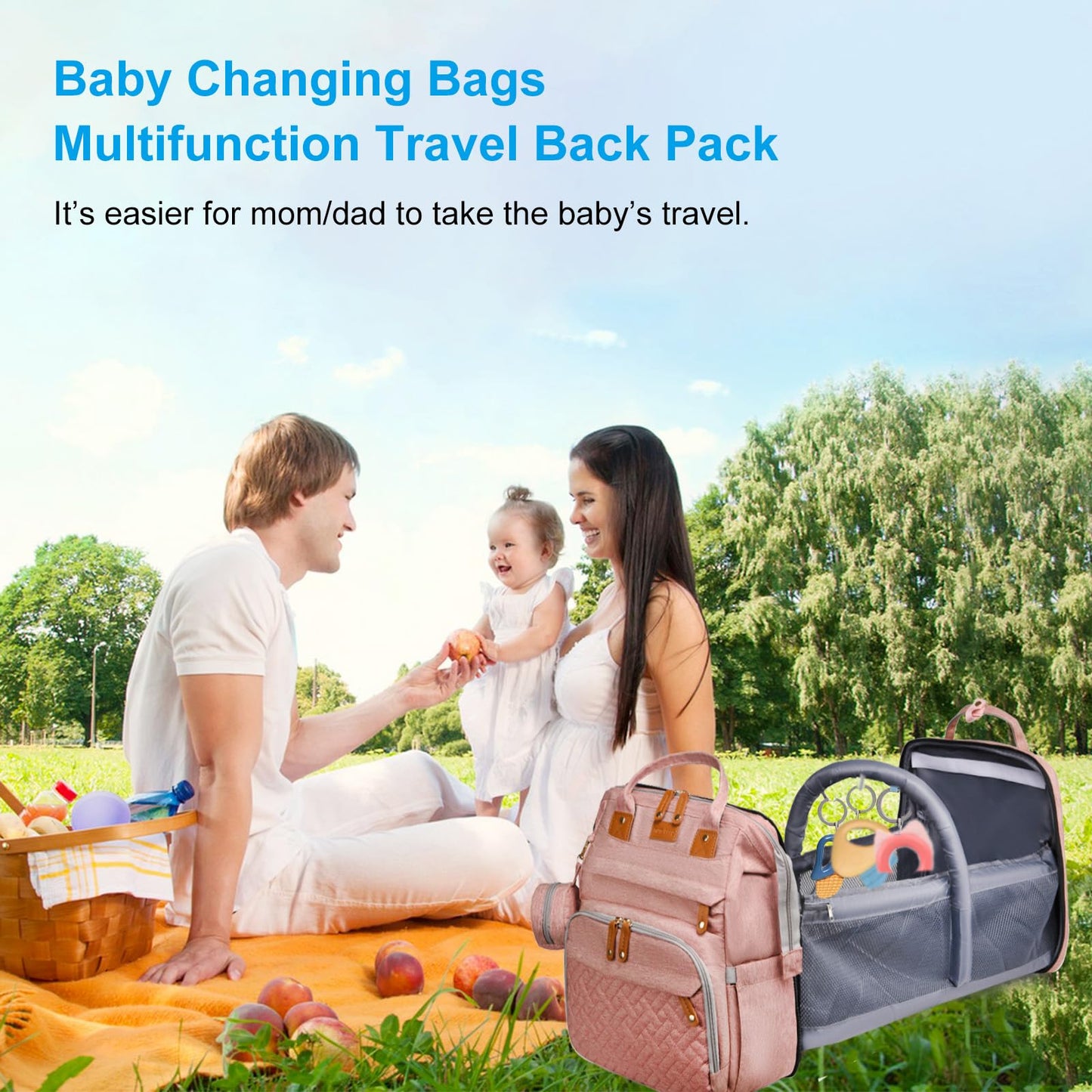 Jeryswet Baby Diaper Bags with Changing Station, Waterproof Large Capacity Diaper Bag Backpack for Moms Dads with USB Charging Port and Stroller Straps, Baby Shower Gifts, Pink