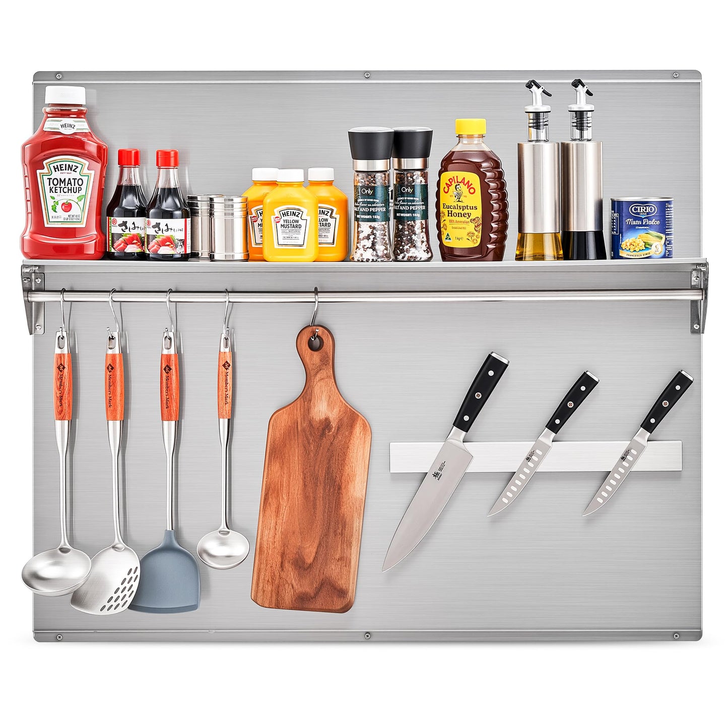 Wilprep Range Backsplash, 36"x30" Stainless Steel Backsplash with Storage Shelf & Magnetic Knife Rack, Range Hood Stainless Steel for Stove, Range Hood Wall Shield with Pre-Drilled Holes