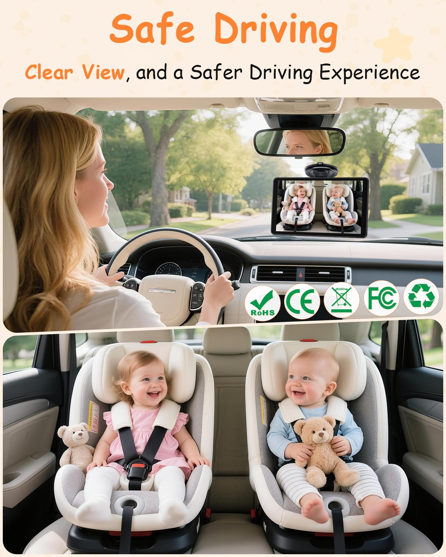 Rohent Baby Car Camera 7.2-Inch Monitor: 1080P HD Rear Facing Infant Backseat Camera with Night Vision 360° Rotation Wide Angle USB Plug & Play Anti-Glare Screen for Safe Driving F25