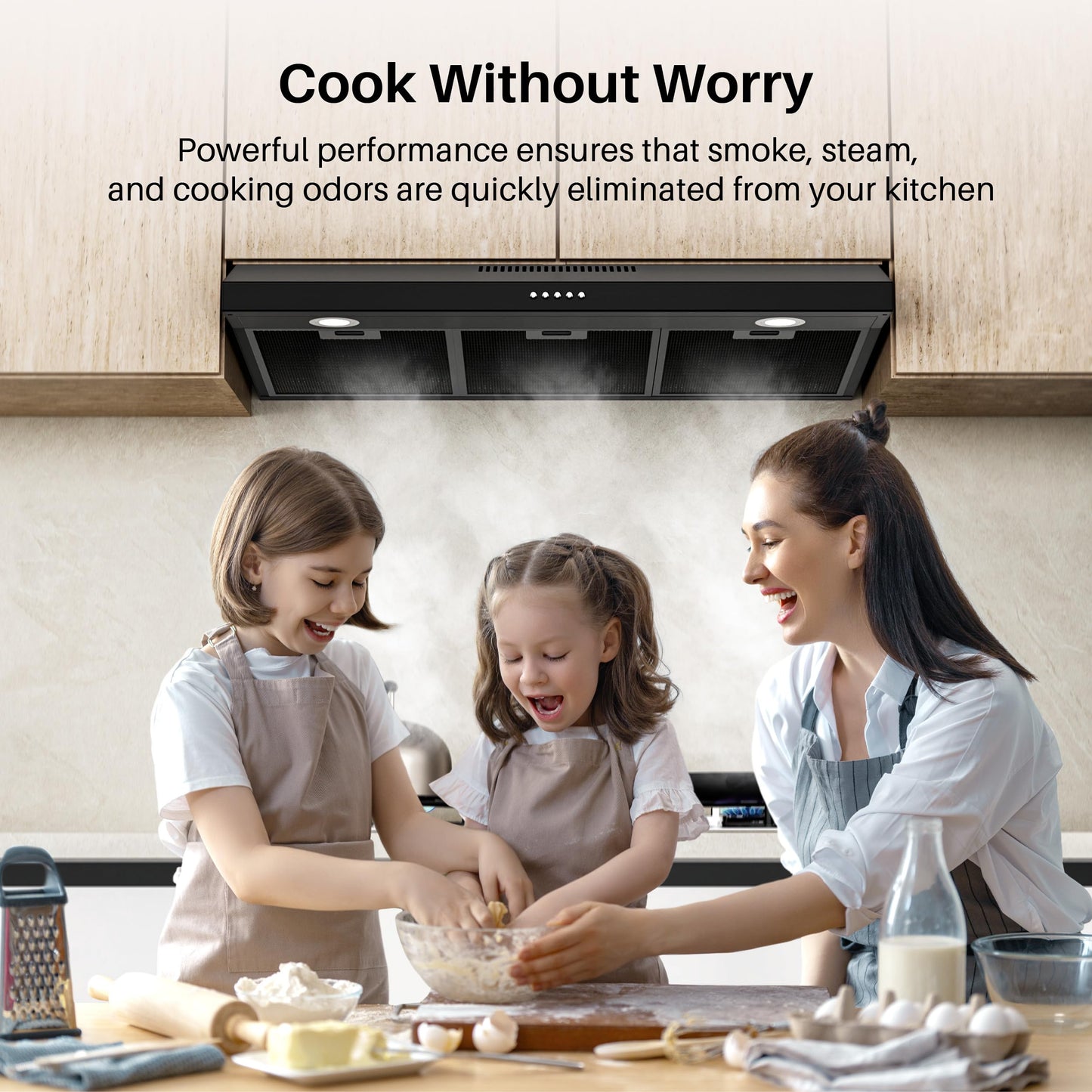 FIREGAS Black Under Cabinet Range Hood 36 Inch, Ducted/Ductless Convertible Kitchen Hood with 3 Speed Exhaust Fan, 300 CFM, LED Lights, Brushlesss DC Motor Vent Hood for Kitchen