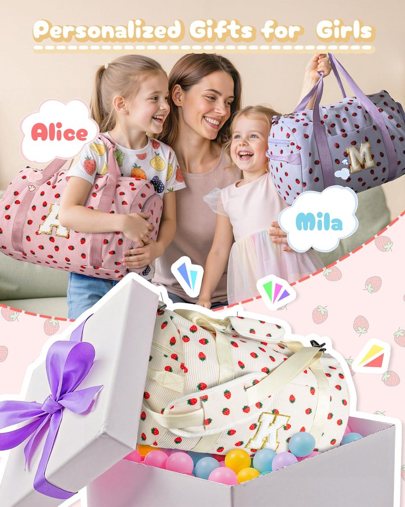Vogewood Girl's Fashion Trendy Stuff, Girls Gym Bag, Kids Personalized Dance Bags with Shoe Compartment, Customized Travel Duffle with Toiletry Bag, Birthday Gift for Daughter (Letter V)