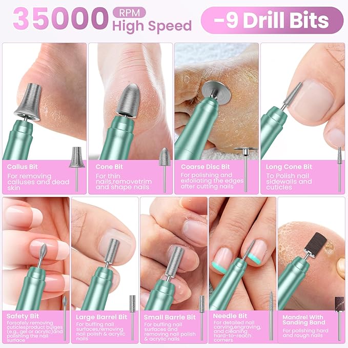 Cordless Nail Drill 35000RPM, Portable Electric Nail File for Acrylic Gel Nails, Professional Manicure Pedicure Kit, Rechargeable efile Set for feet with LCD Display, Low Noise Low Vibration-Green