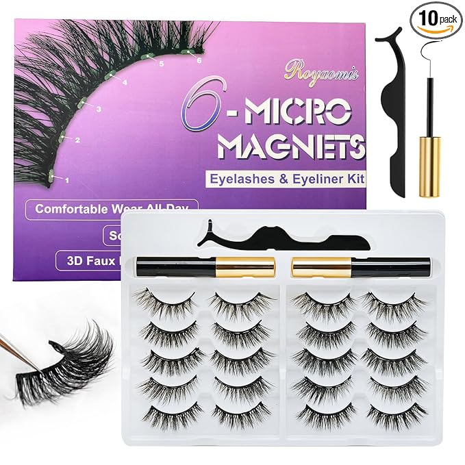 Royaomis 10 Pairs Cat-Eye Magnetic Eyelashes with Applicator Natural Look, 3D Magnetic Lashes With Eyeliner, Fake Eyelashes Magnetic, Eye Lashes Pack Natural Magnetic Eyelashes(New2Ã¯Â¼Â