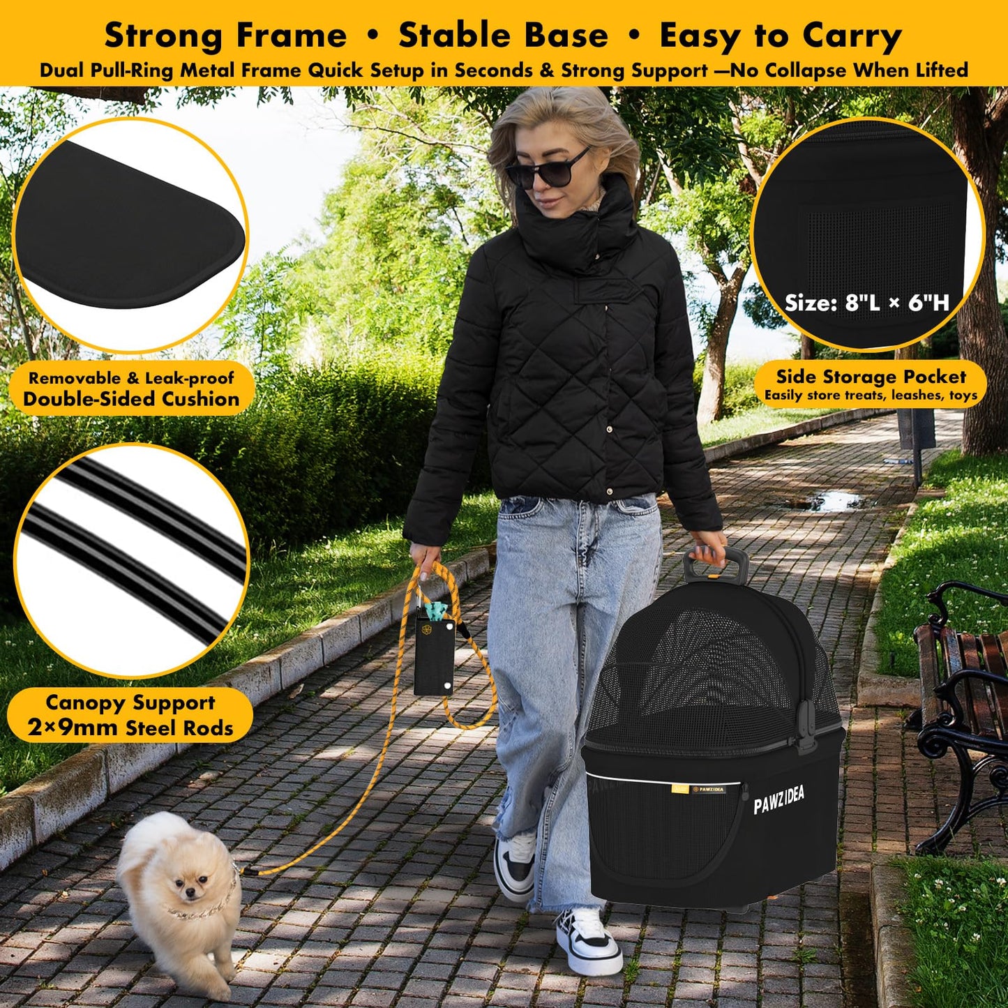 PAWZIDEA 4-in-1 Pet Stroller for Small Medium Dogs & Cats, Foldable Dog Stroller with Detachable Carrier, Escape-Proof No-Zip Canopy, Lightweight Portable Travel Crate & Car Seat Combo, Storage Basket