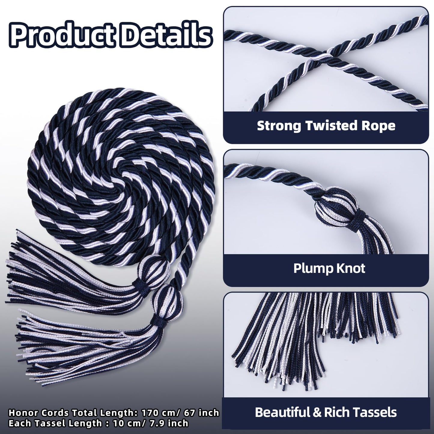 8 Pack Navy Blue with White Graduation Honor Ropes Cords Bulk, Yarn Honor Cords with Tassel for High School Bachelor Gown College Graduation 2026