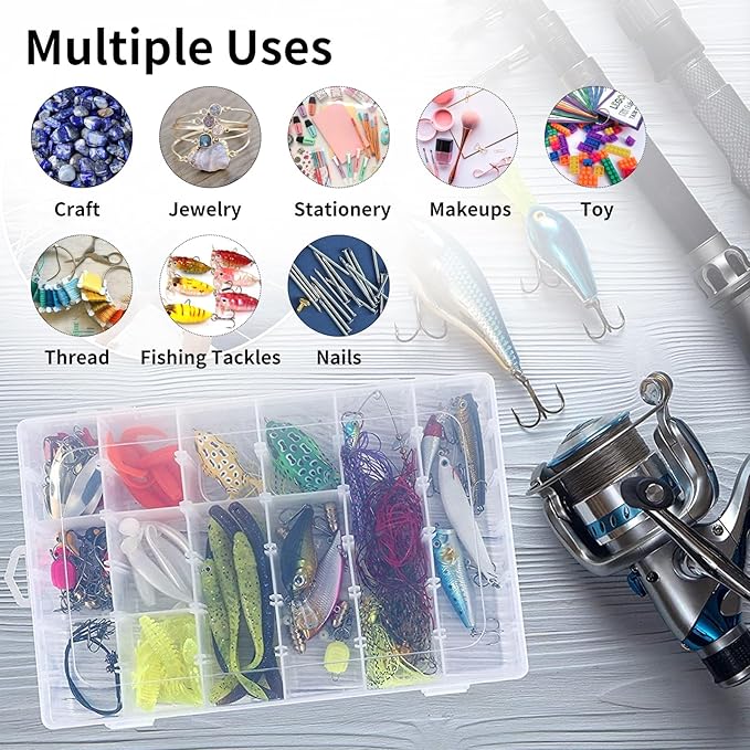 OUTUXED 36 Grids Clear Plastic Organizer Box with Adjustable Compartment Dividers Rock Collection Box for Bead, Nails, Jewelry, Art, DIY Crafts, Fishing Tackle, Small Items Organizers and Storage
