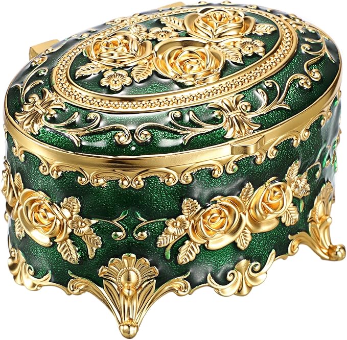 Hipiwe Vintage Jewelry Box Oval Trinket Display Case with Rose Pattern Decorative Green Treasure Box Ring Holder for Women
