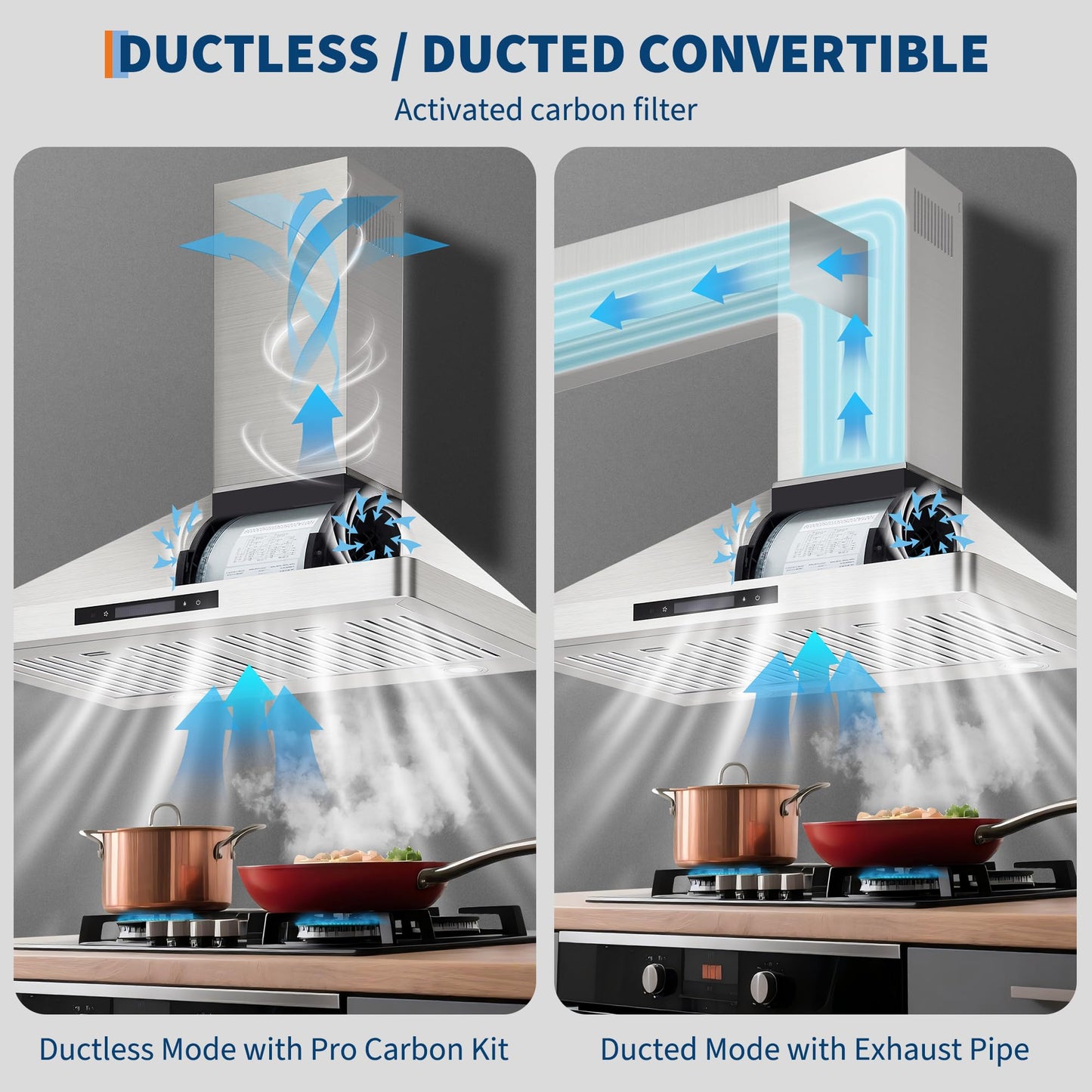 30 Inch Range Hood with 250 CFM Fan, Convertible Duct/Ductless Ventilation, Touch Panel & Remote Control, Quiet 3-Speed Fan, Convertible Duct Design, Dishwasher-Safe Filters