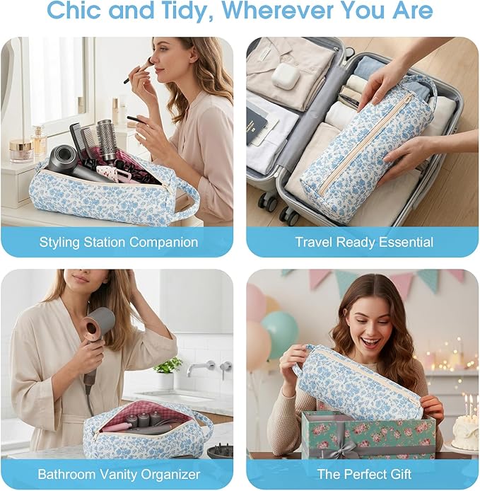 Hair Tools Travel Bag, Soft Compact Case Compatible with Dyson Airwrap & Shark Flexstyle, Curling Iron & Flat Iron Storage Organizer, 14" Portable Hair Accessories BagÃ¯Â¼ÂBlue FlowerÃ¯Â¼Â
