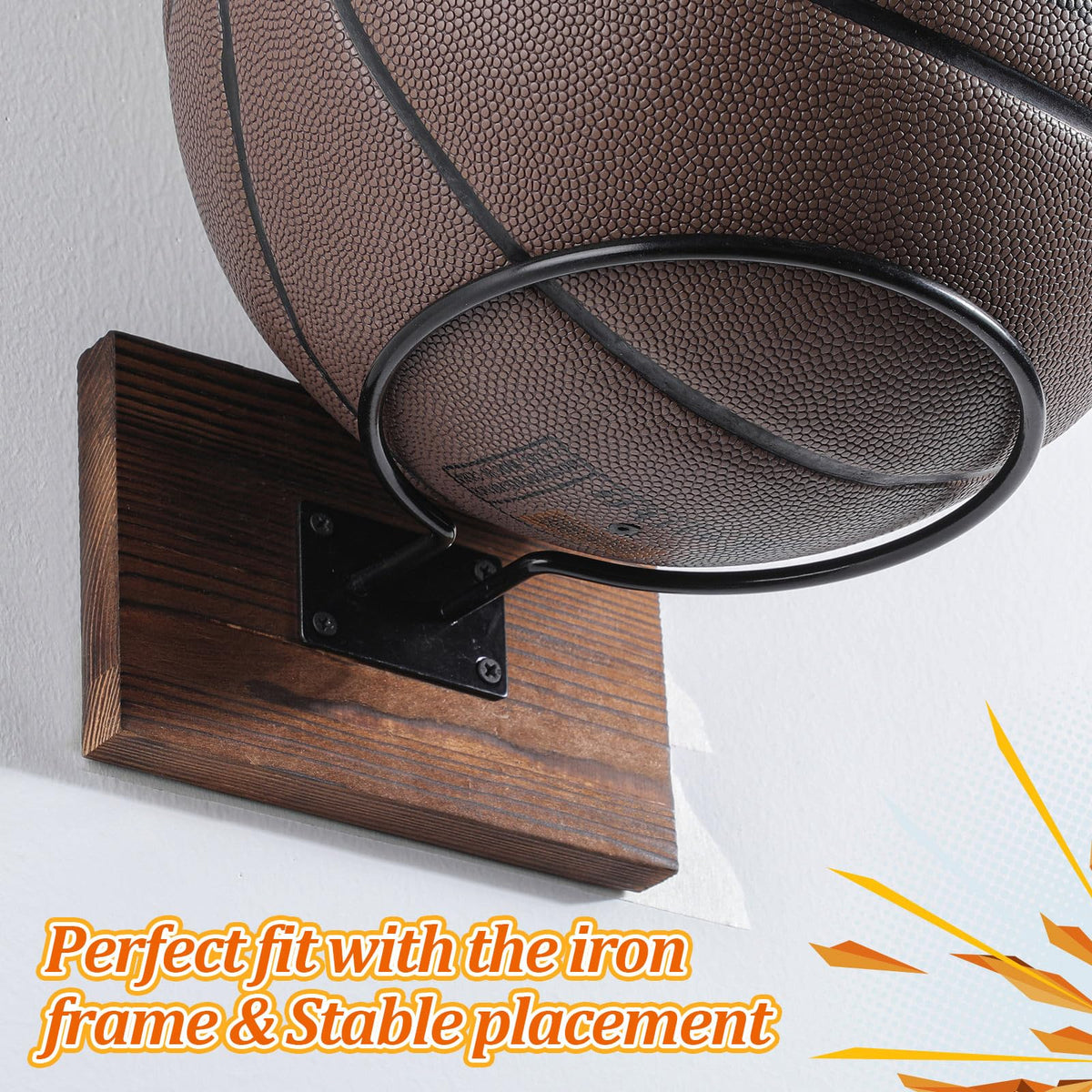 Threan 6 Pcs Ball Holder Wall Mount Ball Stand Display Storage with Wooden Base for Basketball Football Soccer Volleyball, Sports Accessories Organizer for Player Fans