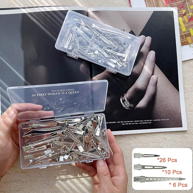 42Pcs Styling Hair Clips Set: Silver Metal Duck Billed Clips for Women's Hairstyling, Long Duckbill Pins, Alligator Rollers with Case