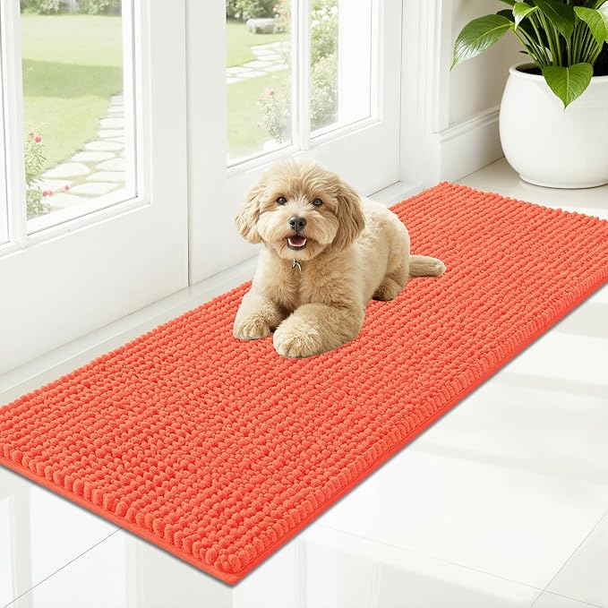OLANLY Dog Door Mat for Muddy Paws 47x17, Ultra Absorbent Chenille Mud Doormat, Non-Slip Washable and Dirt Trapping Doormat for Indoor Entryway, Quick-Dry Indoor Pet Bed Mats for Dogs, Coral
