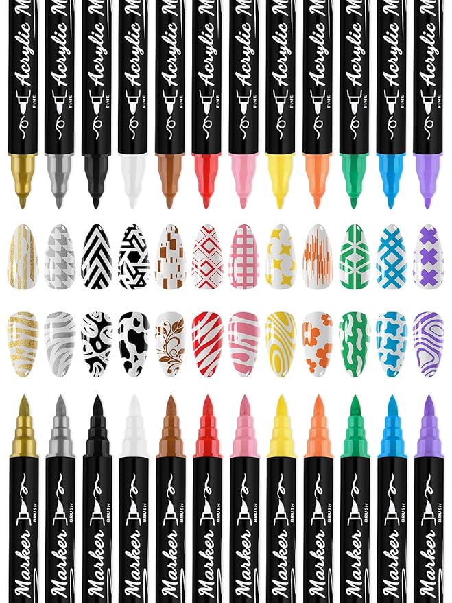 12 Colors Nail Art Pens Set, Kalolary 3D Nail Polish Pens Quick-Drying Acrylic Paint Markers Double-headed Drawing Painting Liner Brush for DIY Nail Art Home & Salon Manicure Tools
