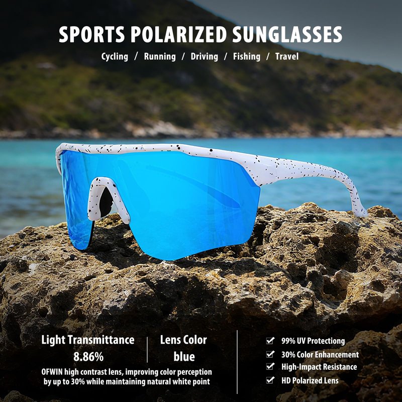 Ofwin Kids Sports Sunglasses for Boys Girls Polarized Youth Softball Baseball Sunglasses Cycling Running Age 5-15 White Frame/Ice Blue Mirror Lens