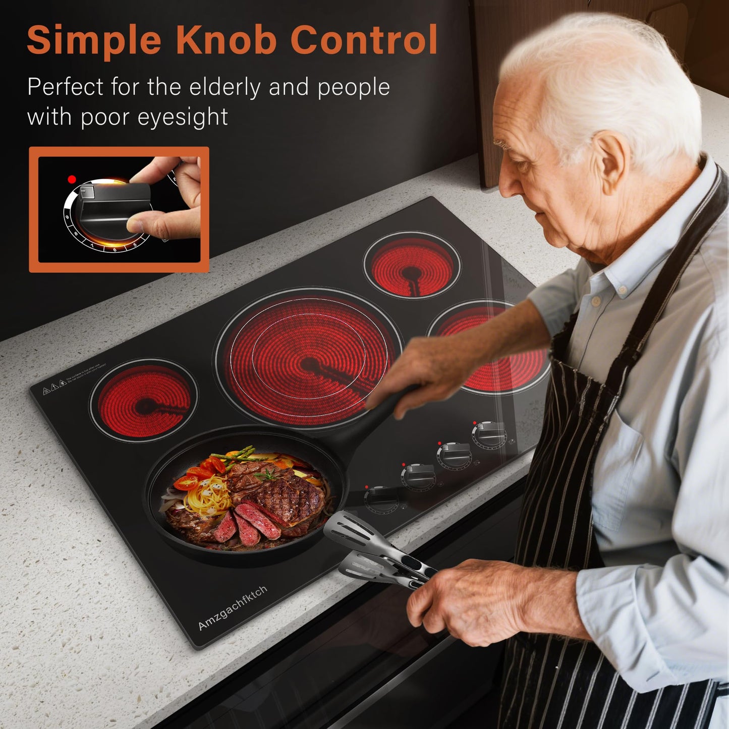 30 Inch Built-in Electric Cooktop with Expandable Triple Ring Burners, 5 Burner 9000W Ceramic Stove Top - Easy Knob Controls & Residual Heat Indicator (220-240V Hardwired)