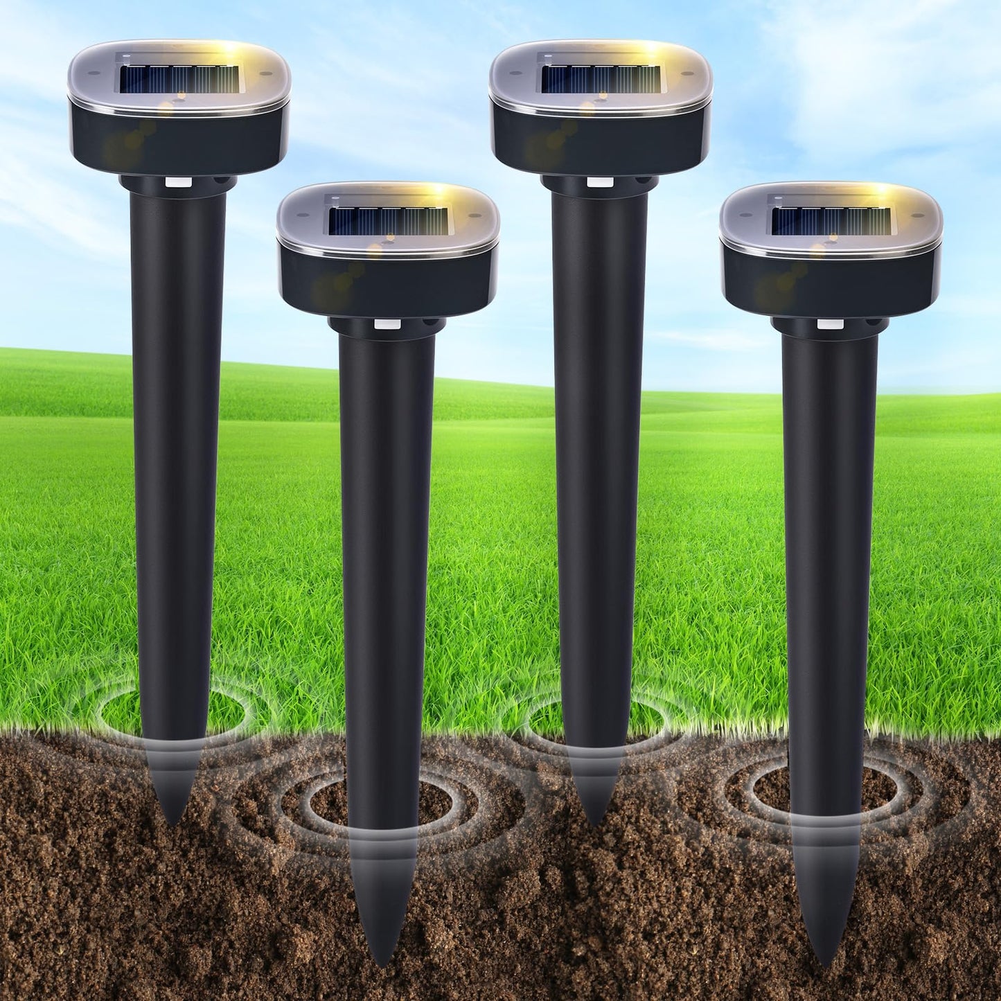 4 Pack Mole Repellent Solar Powered, Snake & Skunk & Vole & Gopher & Armadillo & Rabbit & Groundhog & Chipmunk & Raccoon Repellent for Yard, IP65 Waterproof Ultrasonic Deterrent for Lawns Garden