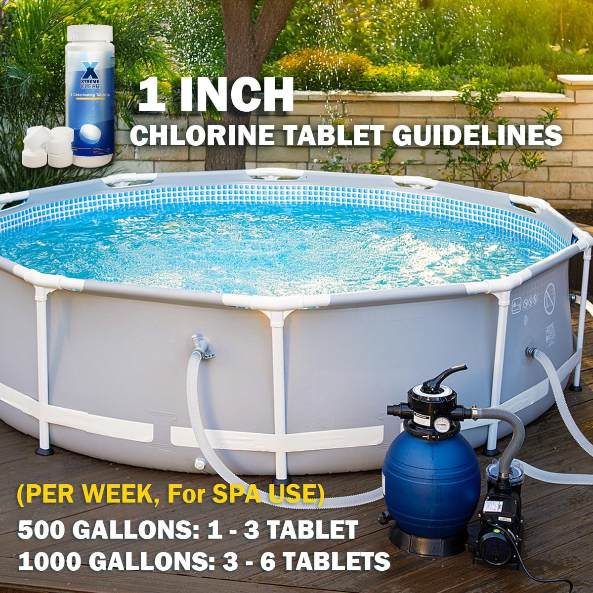 XtremeClear Value Pack 2 Pack 1" Chlorine Tabs, Long-Lasting Stabilized, Swimming Pool, Hot Tubs & Spa, Small Pool Sanitizer - Slow Dissolving Tablet, 3Lbs (1.5Lbs Each Bottle)