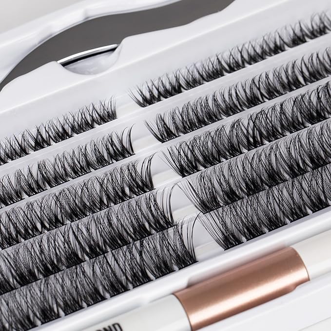 Individual Lashes 120 Cluster Lashes DIY Eyelash Extension Thin Band Wide Stem Lash Clusters with Applicator and Lash Bond and Seal Lash Extension Kit Mix 10-16mm Length C/D-OP01
