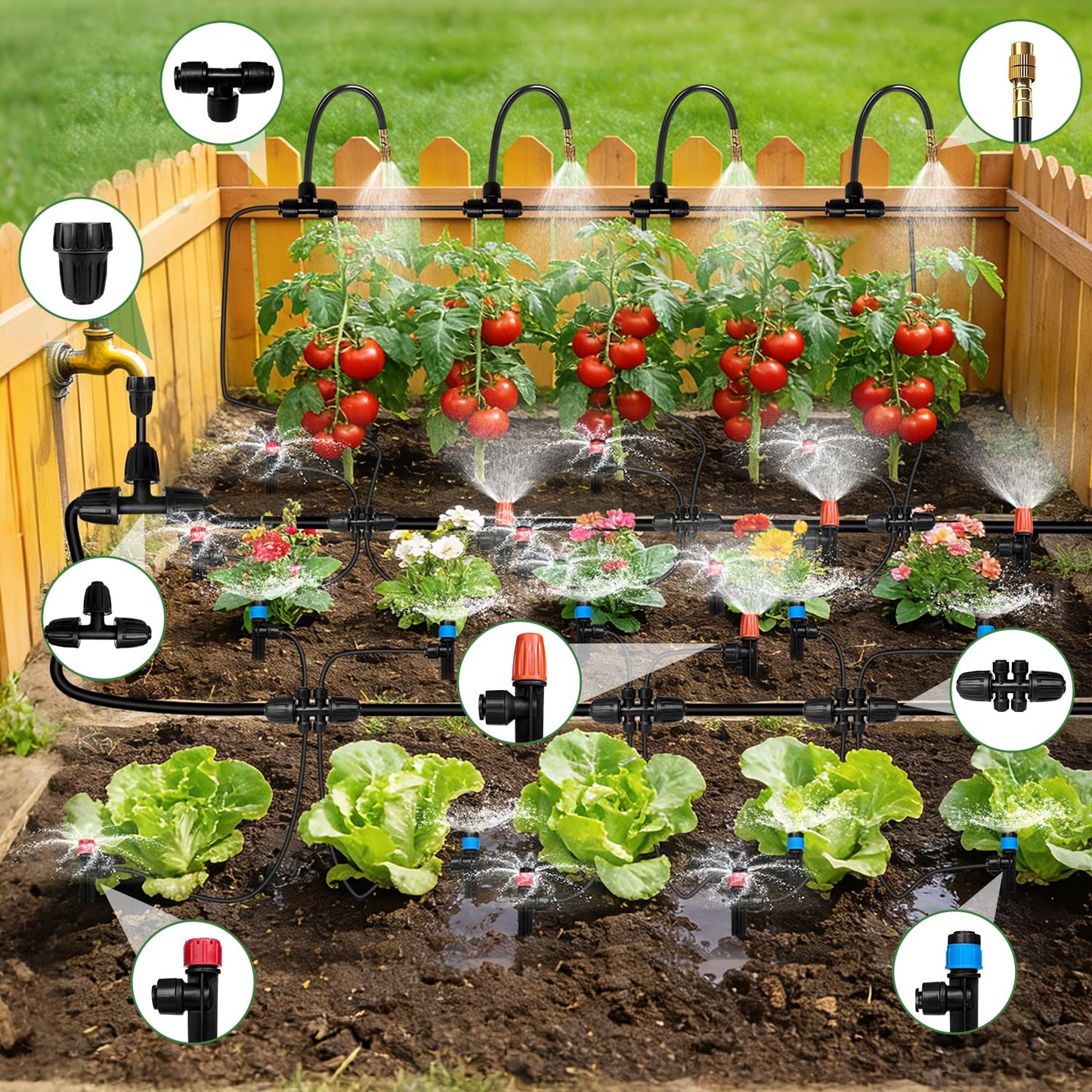 230FT Drip Irrigation System for Garden with 38pcs Adjustable Copper Nozzles & Emitters, Automatic Garden Watering System with 1/2" & 1/4" Tubing for Raised Bed, Yard, Greenhouse, Potted Plants, Lawn