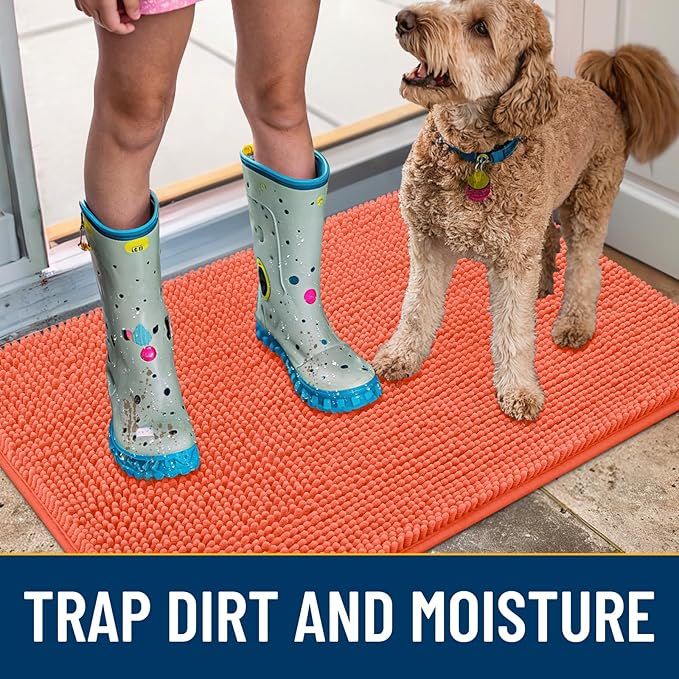 Smiry Dog Door Mat for Muddy Paws 48x30, Absorbs Moisture and Dirt Doormat, Non-Slip Washable Quick Dry Chenille Front Door Mat Indoor Entrance, Entryway Carpet for Inside Floor, Coral