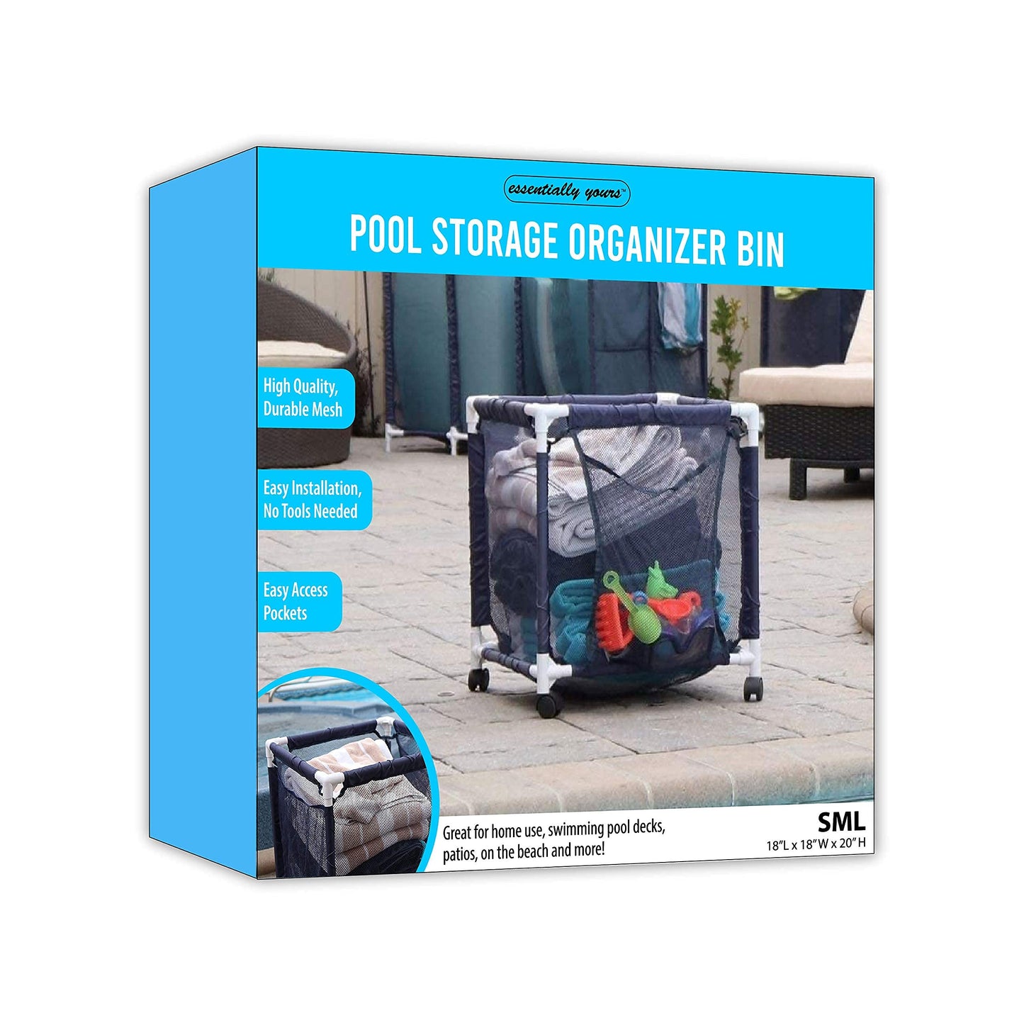 Essentially Yours Rolling Pool Storage Small Organizer Bin, (18" W x 18" L x 20" H), Blue / White Style 417244