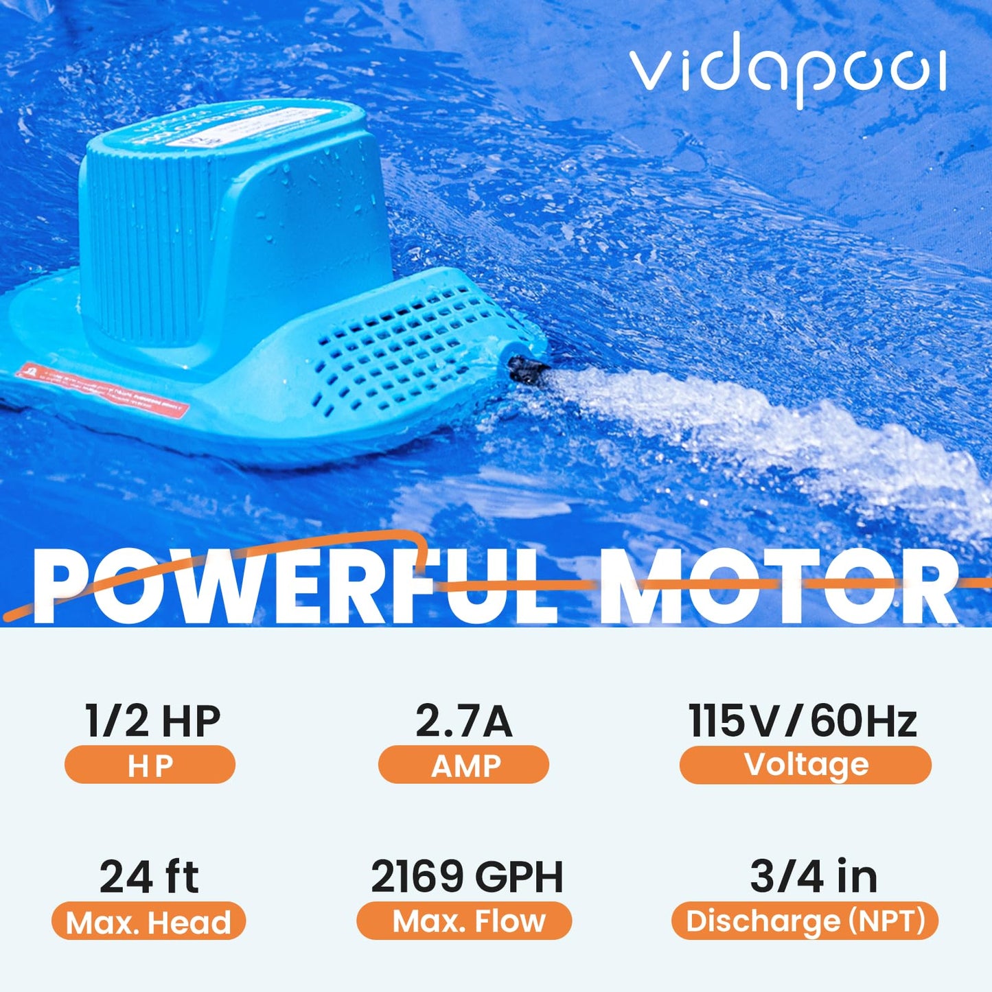 Vidapool 1/2 HP Pool Cover Pump Automatic On Off, Submersible Sump Pump Inground/Above Ground, 2169 GPH Water Removal Pump with 25 Feet Power Cord for Swimming Pool, Pond, Basement, Window Well, Blue