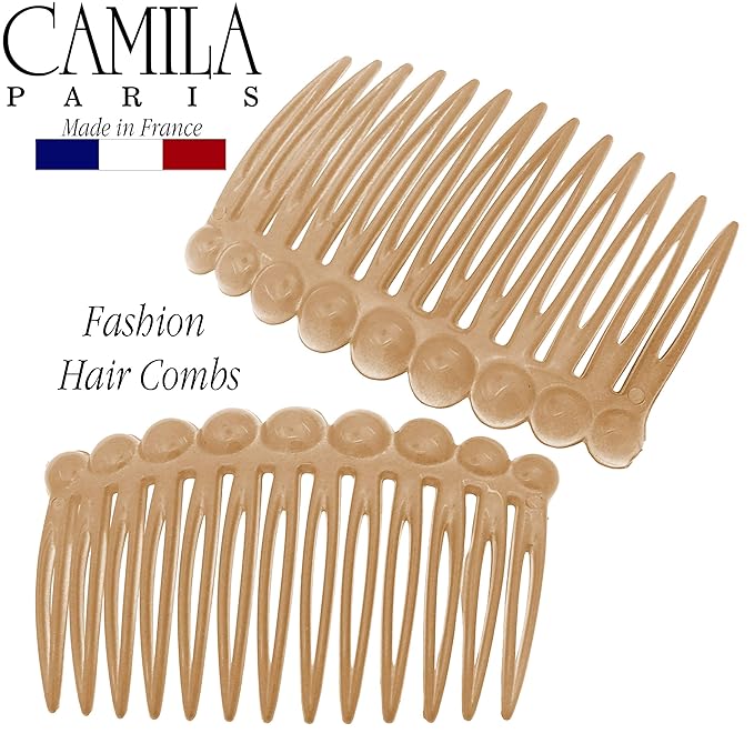 Camila Paris CP2892/2 French Hair Side Comb Small Rounded, Beige French Twist Hair Combs Decorative, Strong Hold Hair Clips for Women Bun Chignon Up-Do Styling Girls Hair Accessories, Made in France