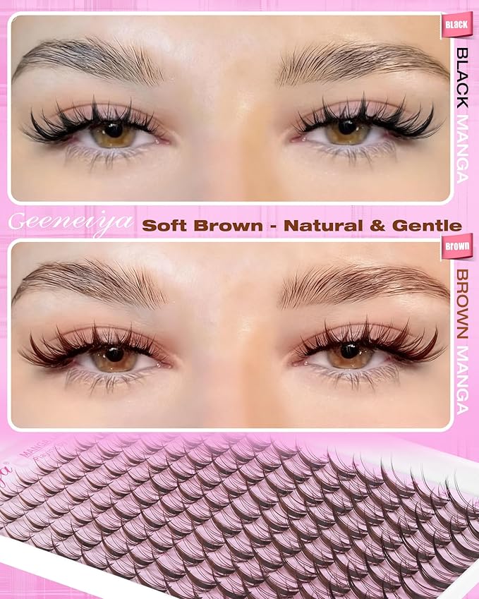 Geeneiya BROWN MANGA Lashes Clusters Kit DIY Lash Extension, 8-18MM Invisible Band Lash Clusters, Soft C Curl Cluster Eyelash Extensions Kit with Waterproof Lash Bond and Seal, Lash Remover, Tweezers