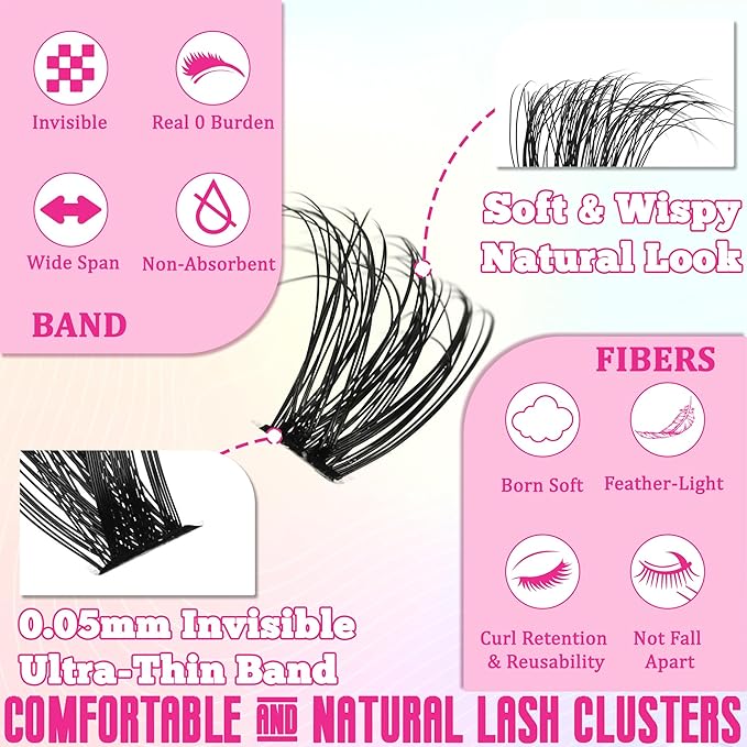 Fluffy Lash Clusters Kit Wispy Lash Clusters 595Pcs Individual Lashes Clusters Thin Band Lash Extension Kit Lash Glue and Lash Tweezers