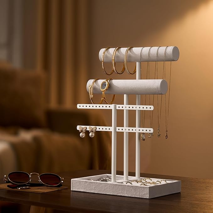 3 Tier Bracelet Holder Display - Detachable T Bar Pure White Velvet Bracelet Holder, Jewelry Holder Organizer for Bracelet, Necklace, Earrings, Rings