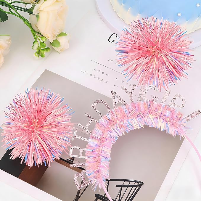 CIEHER Birtday Girl Crown Birthday Headband for Women Girls Bday Party Decorations - Pink Ball