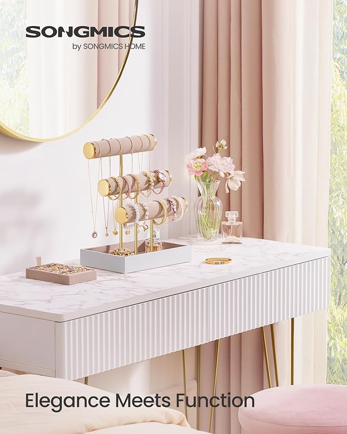SONGMICS Bracelet Holder Stand, Jewelry Display Stand, Jewelry Organizer, with 3 Tiers and Velvet Tray, Removable Ring Holder, Cloud White and Camel Brown UJJS027A01