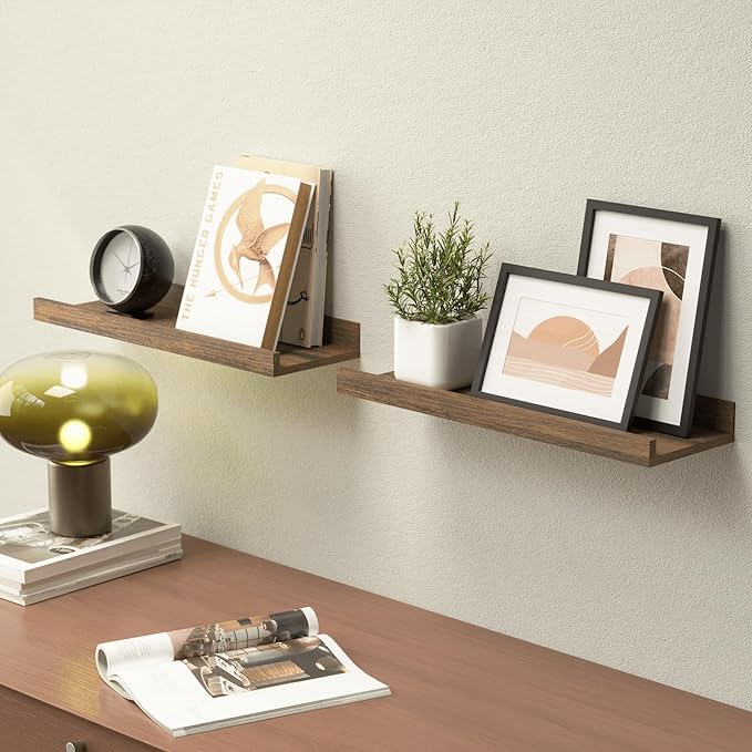Boswillon Floating Shelves for Wall, Wall Mounted Shelves Set of 2, Rustic Shelves with Lip, Display Picture Ledge Shelf for Wall Decor Living Room Bathroom Kitchen - Brown