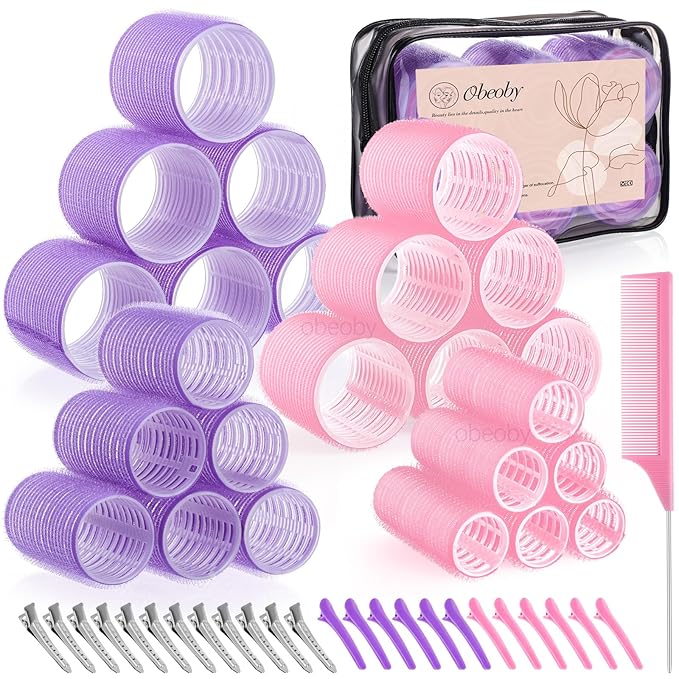 Obeoby 4 Sizes Hair Rollers for Women, 50 Pcs Set Hair Curlers with Clips Comb Curlers for Long Short Curly Hair and Bangs (25, 36, 48, 60mm), Pink Purple