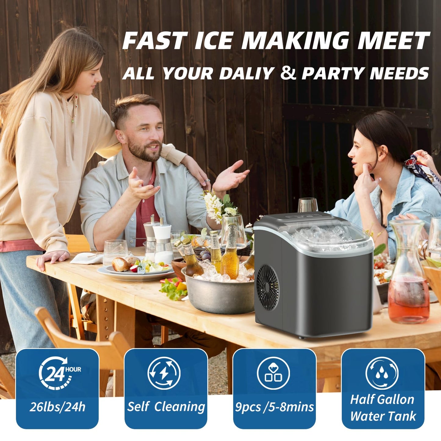 Erivess Ice Makers Countertop, Portable Ice Machine Maker Self-Cleaning, 26Lbs/24H, 9 Bullet Cubes Ready in 6 Mins, Scoop and Basket, for Home/Office/Kitchen