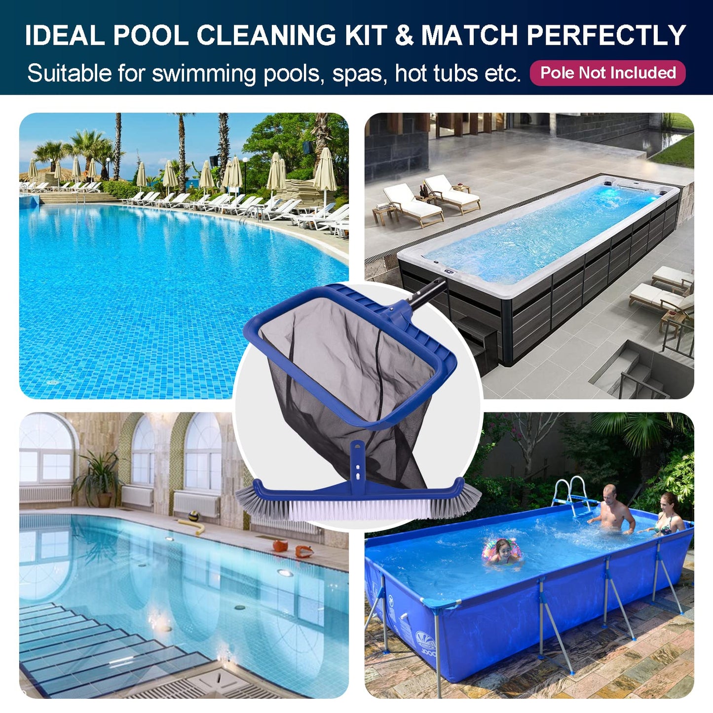 Fine Mesh Pool Net & Brush Head Combo - Sturdy Skimmer with 17.5" Professional Brushes for Pool Wall Cleaning