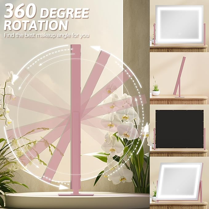 ROLOVE Pink Vanity Mirror with Lights 22"x18", Lighted Makeup Mirror with 10X Magnification, Smart Touch 3 Colors Dimmable, 360° Rotation, Gift for Teens