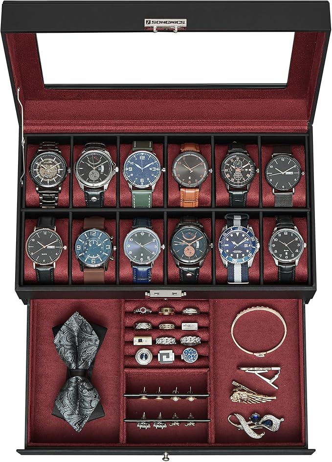 SONGMICS Watch Box, 12-Slot Watch Case Organizer with Large Glass Lid, 2 Layers, Removable Pillows, Metal Lock, Gift for Loved Ones, Black Synthetic Leather, Wine Red Lining UJWB012R01