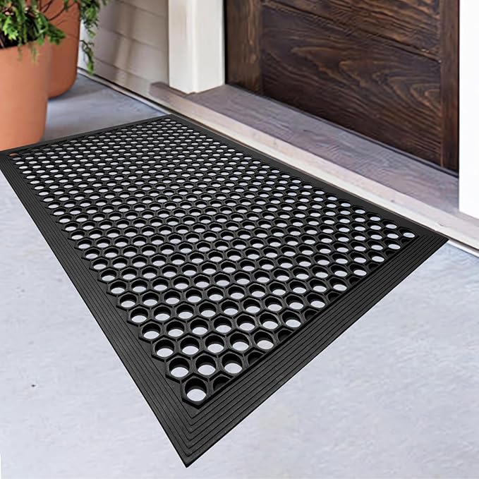 BEHERO Rubber Outdoor Mat, 36 x 24 inches Anti Fatigue Rubber Floor Mats, Non-Slip Front Door Mats Entrance, Heavy Duty Pool Mat Outside for Entryway, Garage Doormat Waterproof, Black