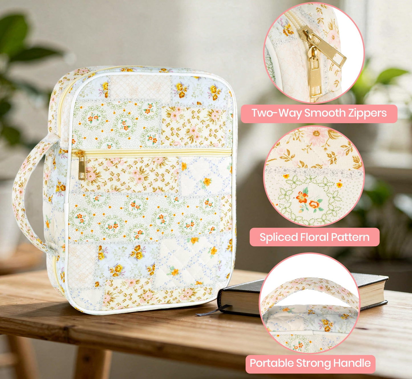 Bible Cover Case for Women, Large Bible Bag with Bible Study Supplies Accessories Christian Gifts for Women, Portable with Sturdy Handle and Highlighters, Spliced Flower