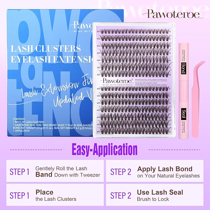 Pawotence Lash Extension Kit DIY 280pcs Brown Lash Clusters Eyelash Extension Kit 30D 40D 9-16mm Individual Lashes Kit with Lash Bond and Seal Lash Tweezers for Self Use (Brown 30D 40D, 9-16mm, Kit)